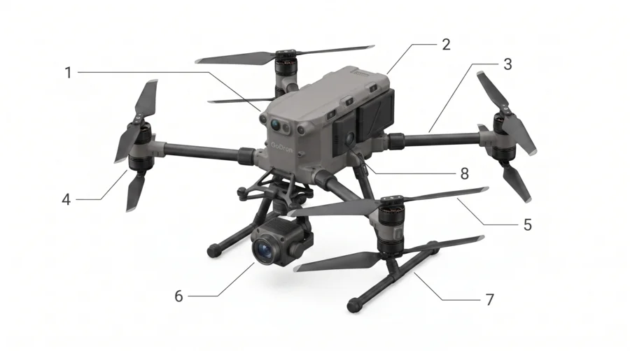 Diagrama numerado con las 8 partes principales de un dron enterprise: chasis, batería, brazo, hélice, motor, cámara con gimbal, tren de aterrizaje y sensores