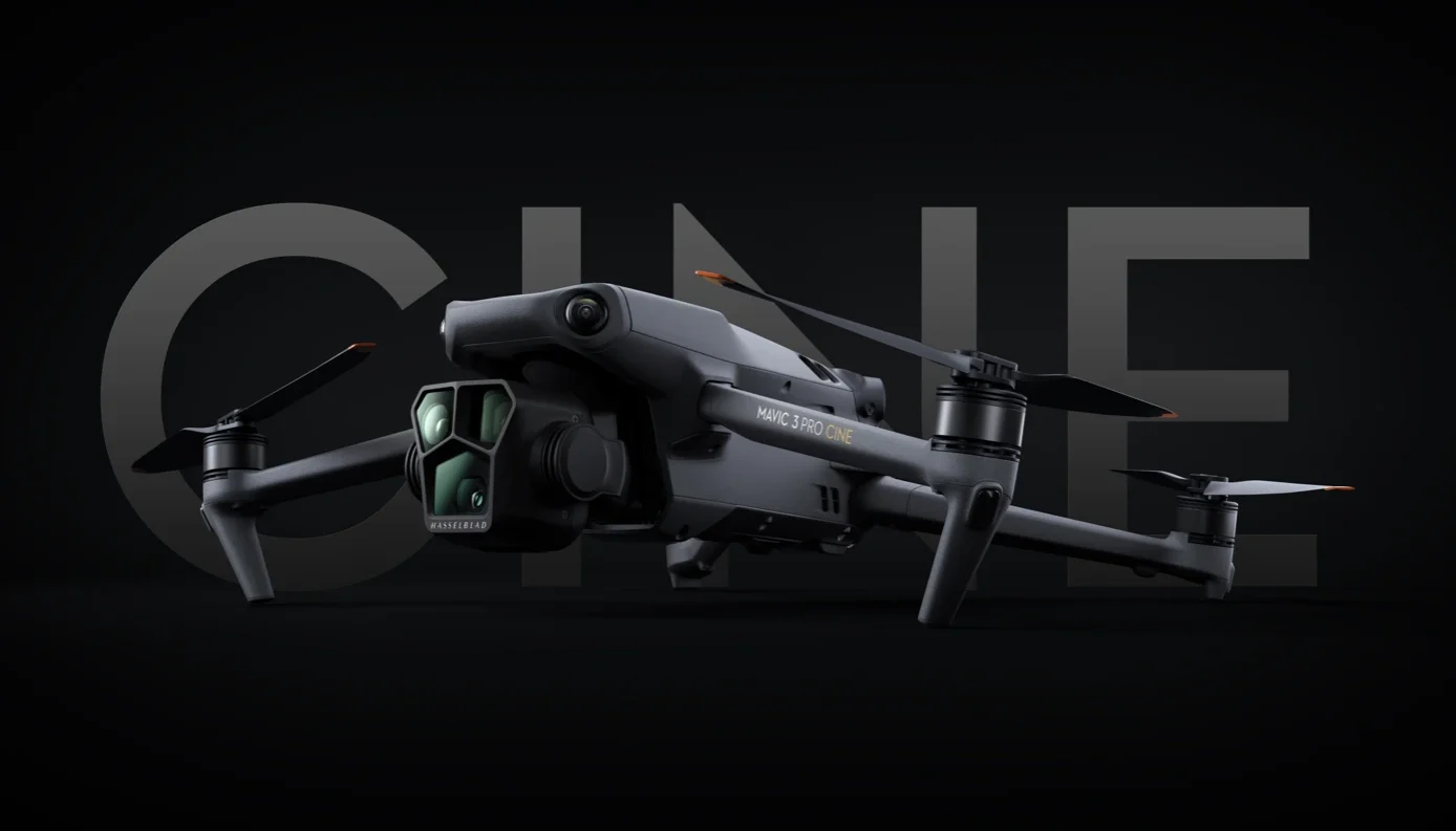 Toma en primer plano del del DJI Mavic 3 Pro y de fondo la palabra CINE