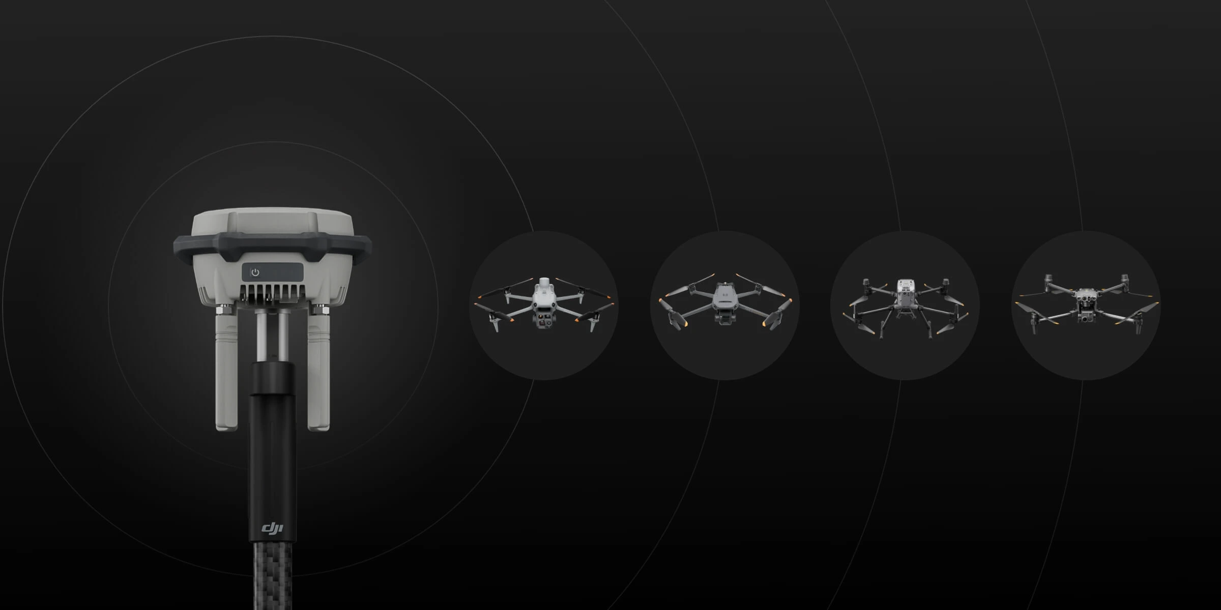Estación D-RTK 3 con los drones compatibles y fondo oscuro