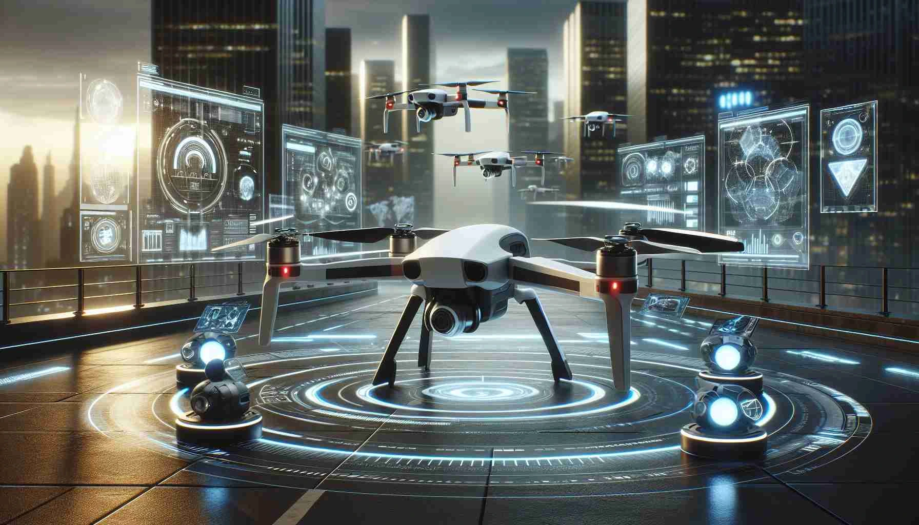 imagen de un dron en una plataforma con varias pantallas alrededor 