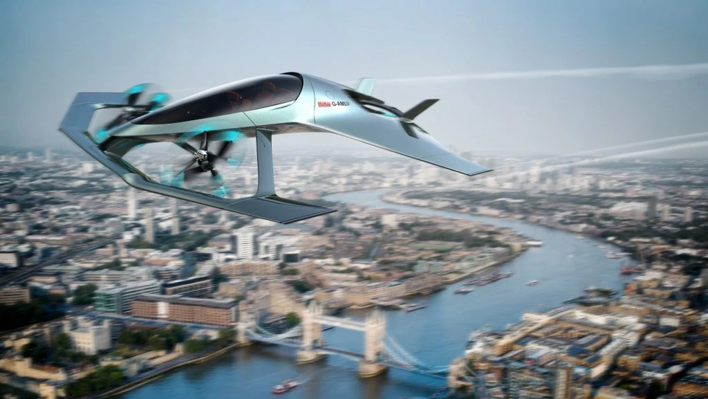 Dron futurista sobrevolando ciudad