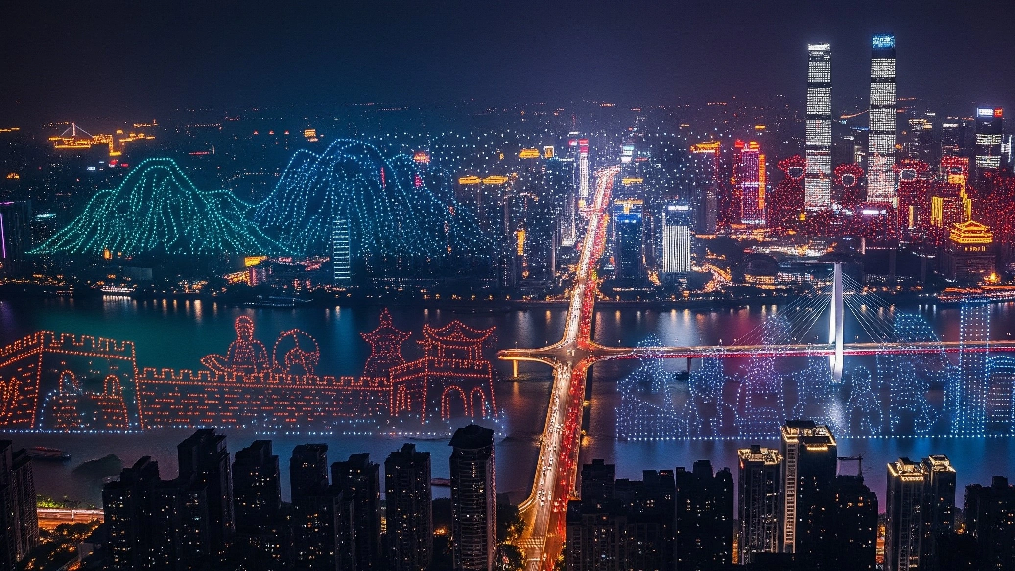 Imagen de drones sobrevolando una ciudad en China y de fondo una autopista de autos