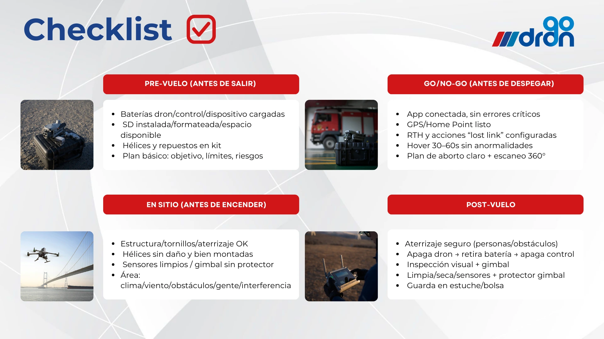 Imagen del checklist para diferentes etapas del vuelo