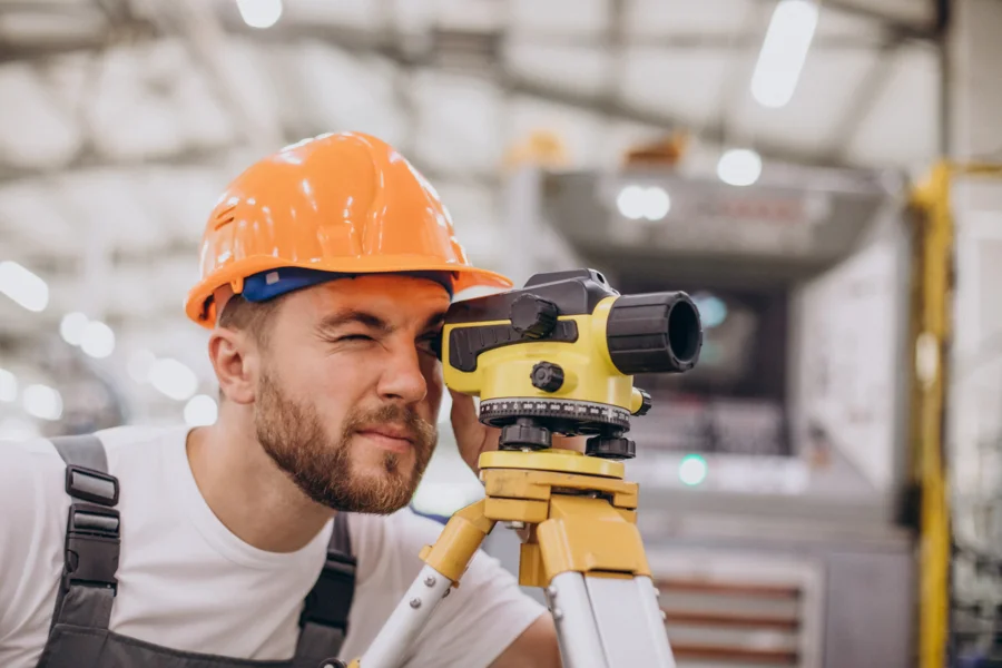 Topógrafo midiendo en obra con nivel de precisión, aplicación de RTK en topografía