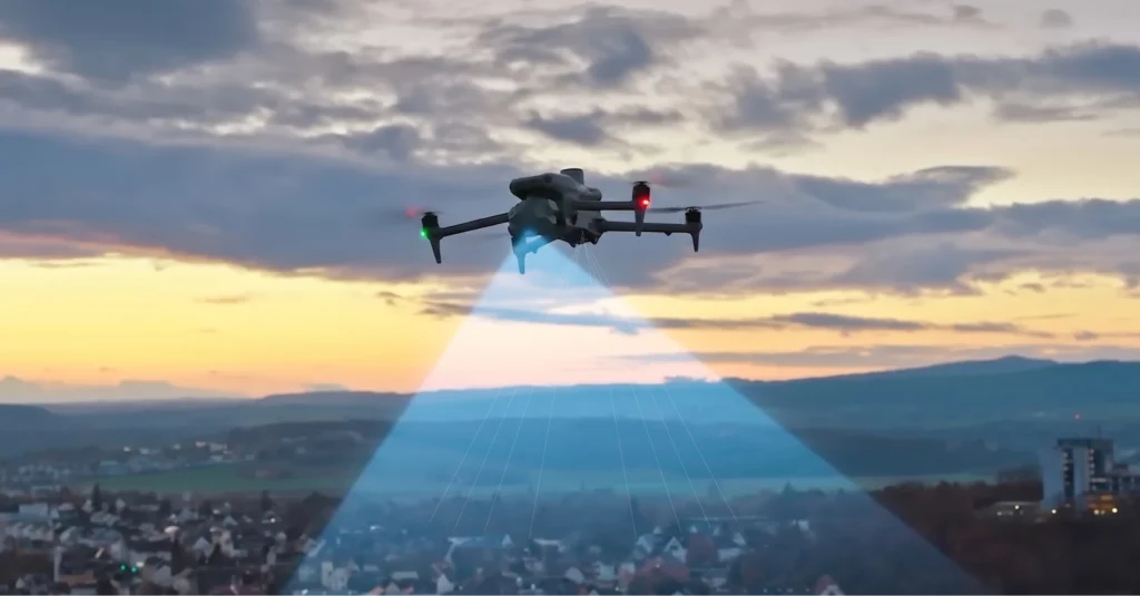 dron volando sobre una ciudad mientras realiza una inspección con sensor